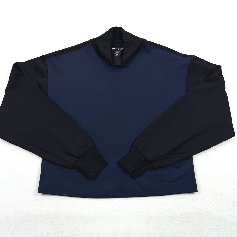 Athleta Women XXS Navy Blue Black Colorblock Mock Neck Cropped Long Sleeve Top